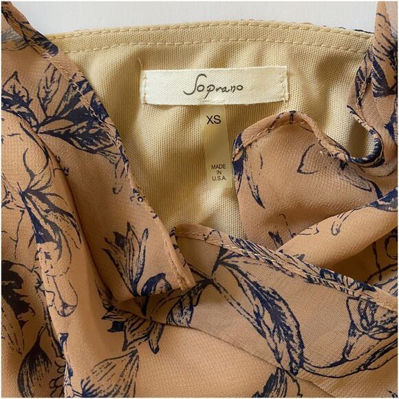 Nordstrom Soprano Brown Tan w/ Navy flowers Sheer ruffled‎ flowy dress - Picture 8 of 10